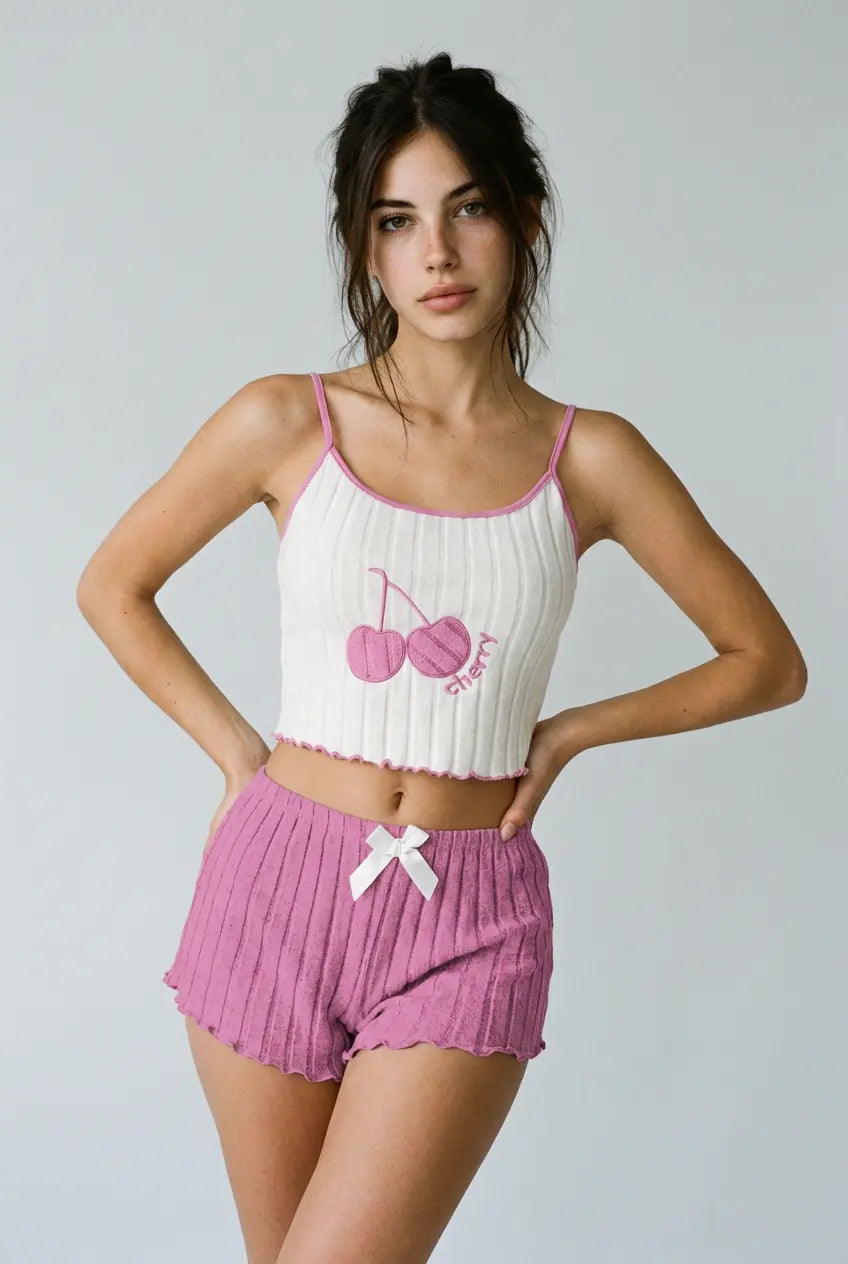 Big Cherry Ribbed Pajama Set - Pink moonhaven