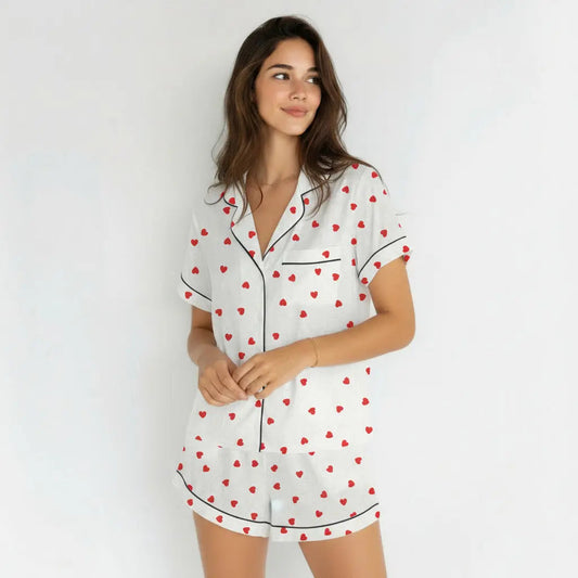 Short Sleeve Pajama Set – White With Hearts moonhaven
