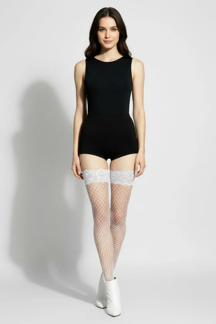 Lace Top Fishnet Thigh Highs - White Moonhaven