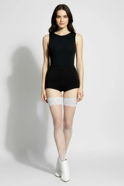 Lace Top Fishnet Thigh Highs - White Moonhaven