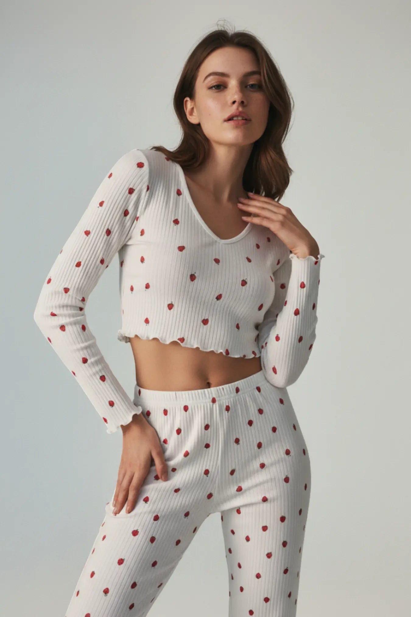 Ribbed long sleeve pajama set with strawberry moonhaven