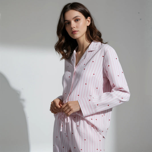 Striped button-down pajama set with hearts - Long moonhaven