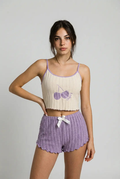 Big Cherry Ribbed Pajama Set - Purple moonhaven