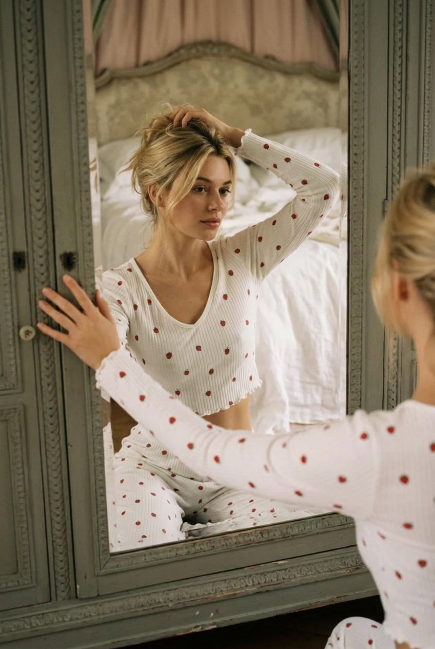 Ribbed long sleeve pajama set with strawberry